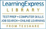 Logo for LearningExpress Library from TexShare, highlighting test prep, computer skills, job search, and online learning resources.